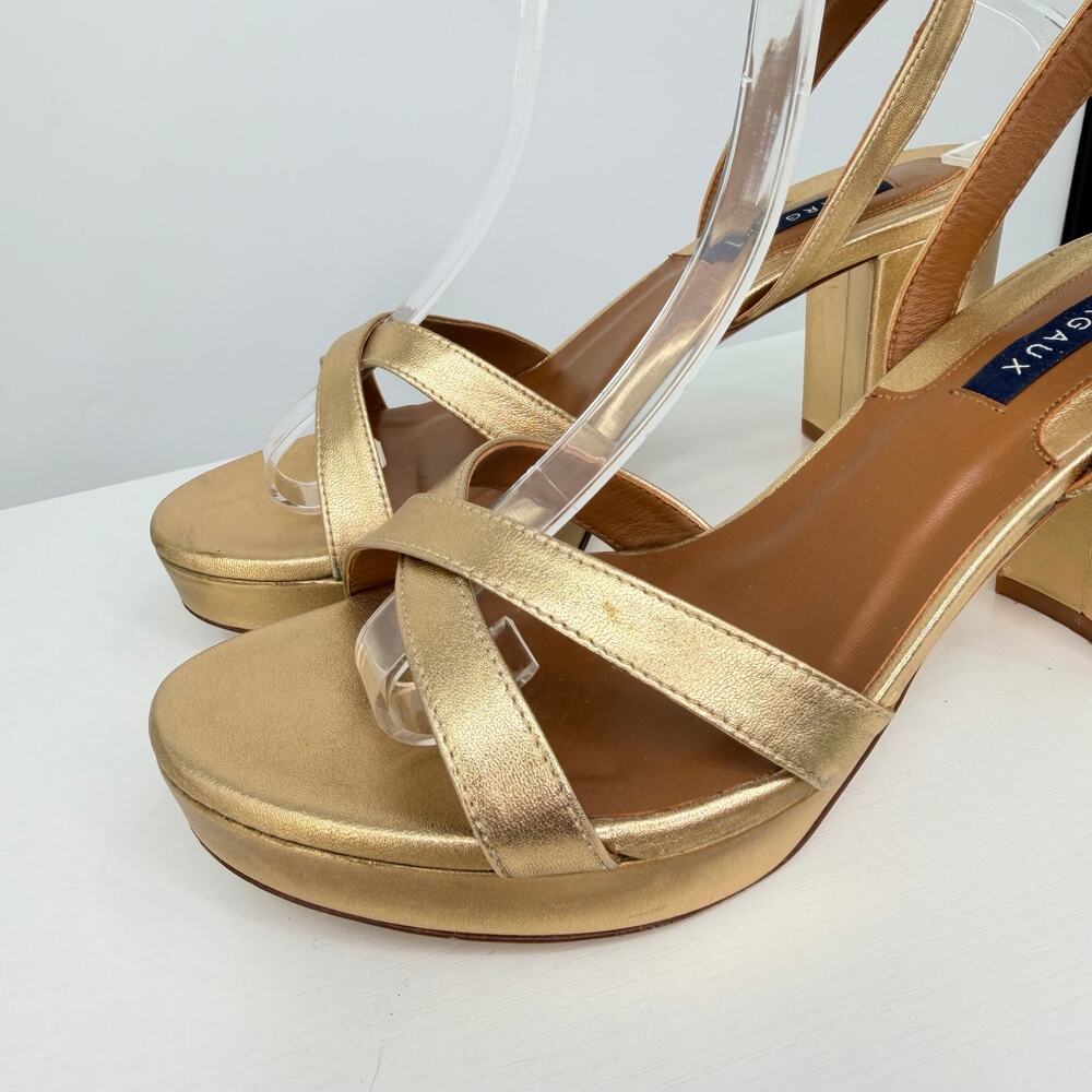 Margaux Gold Nappa Leather Platform Sandals Size 37.5 Block Heel Ankle Strap - Picture 4 of 16